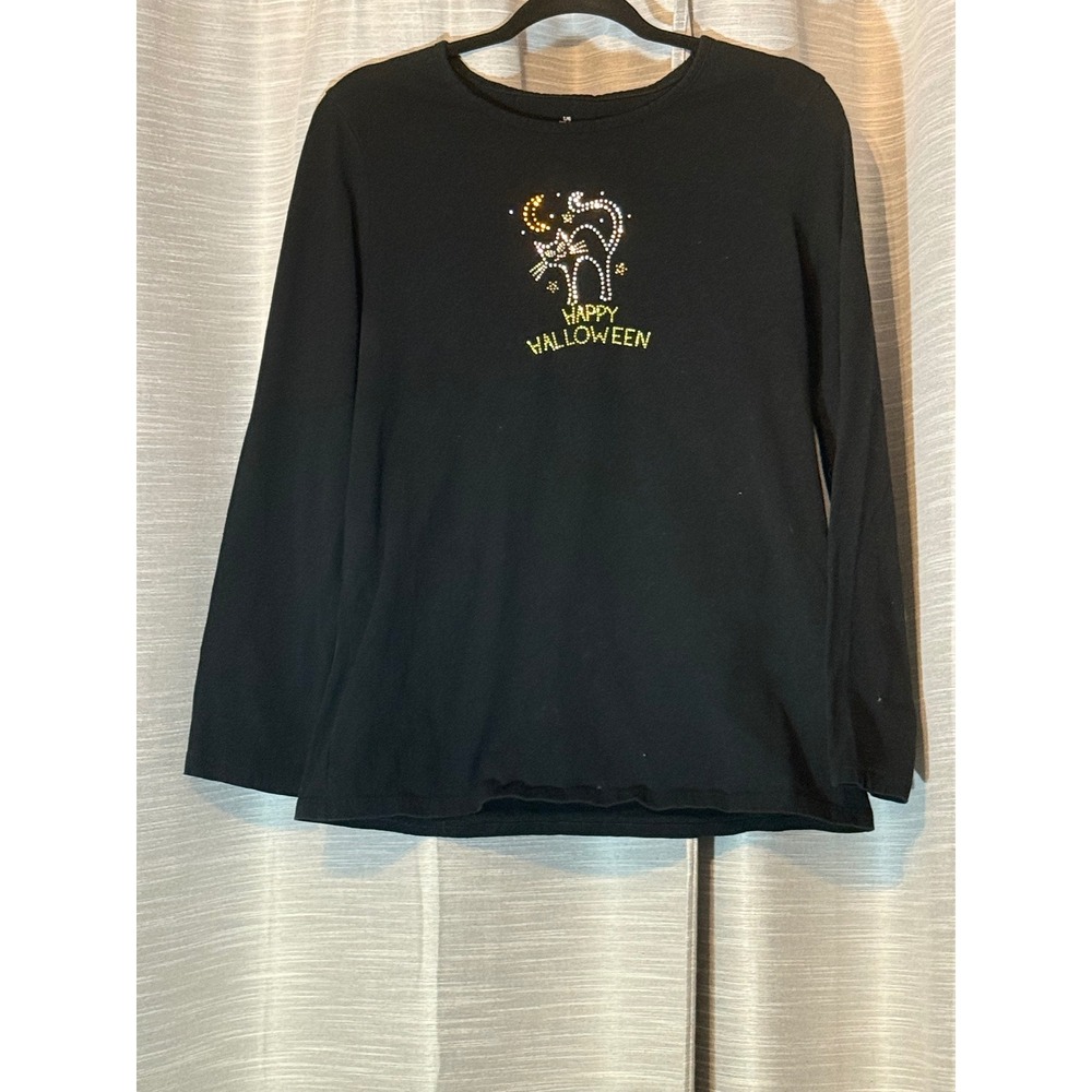 VTG Happy Halloween Black Cat Long Sleeve Shirt Bedazzled Bling Blouse Sz L EUC